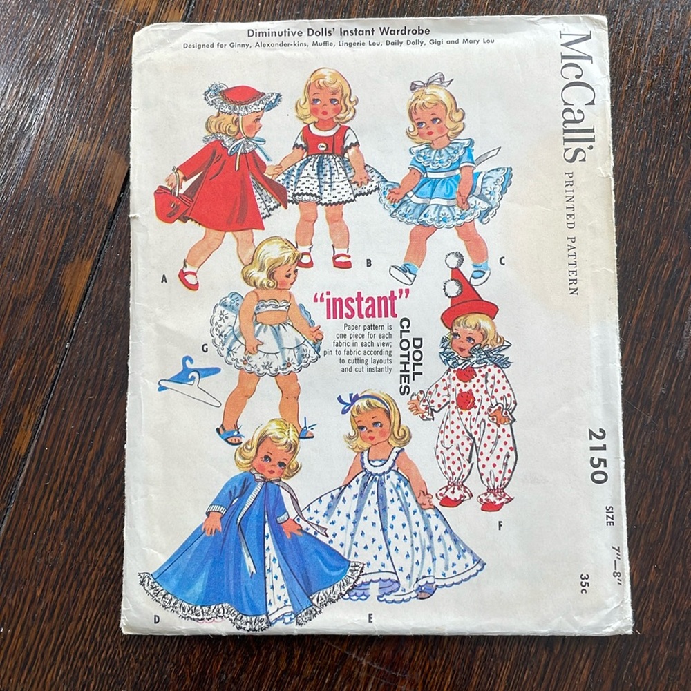 McCalls 2150, doll size 7" - 8", Instant Doll Clothes, Diminutive Dolls Wardrobe